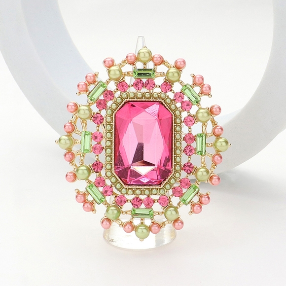 Green Pink Crystal Stretch Rectangle Glass Big Large Statement Ring Pearl Finger - Picture 1 of 2